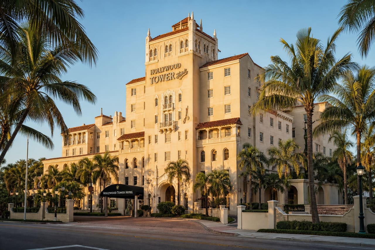 Exterior of the Hollywood Tower Hotel in Hollywood Florida