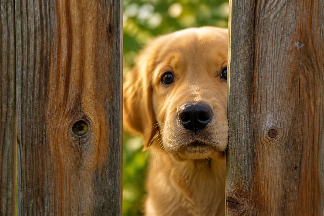 Golden Retriever Puppy Peeking Through a Wooden Fence Gap