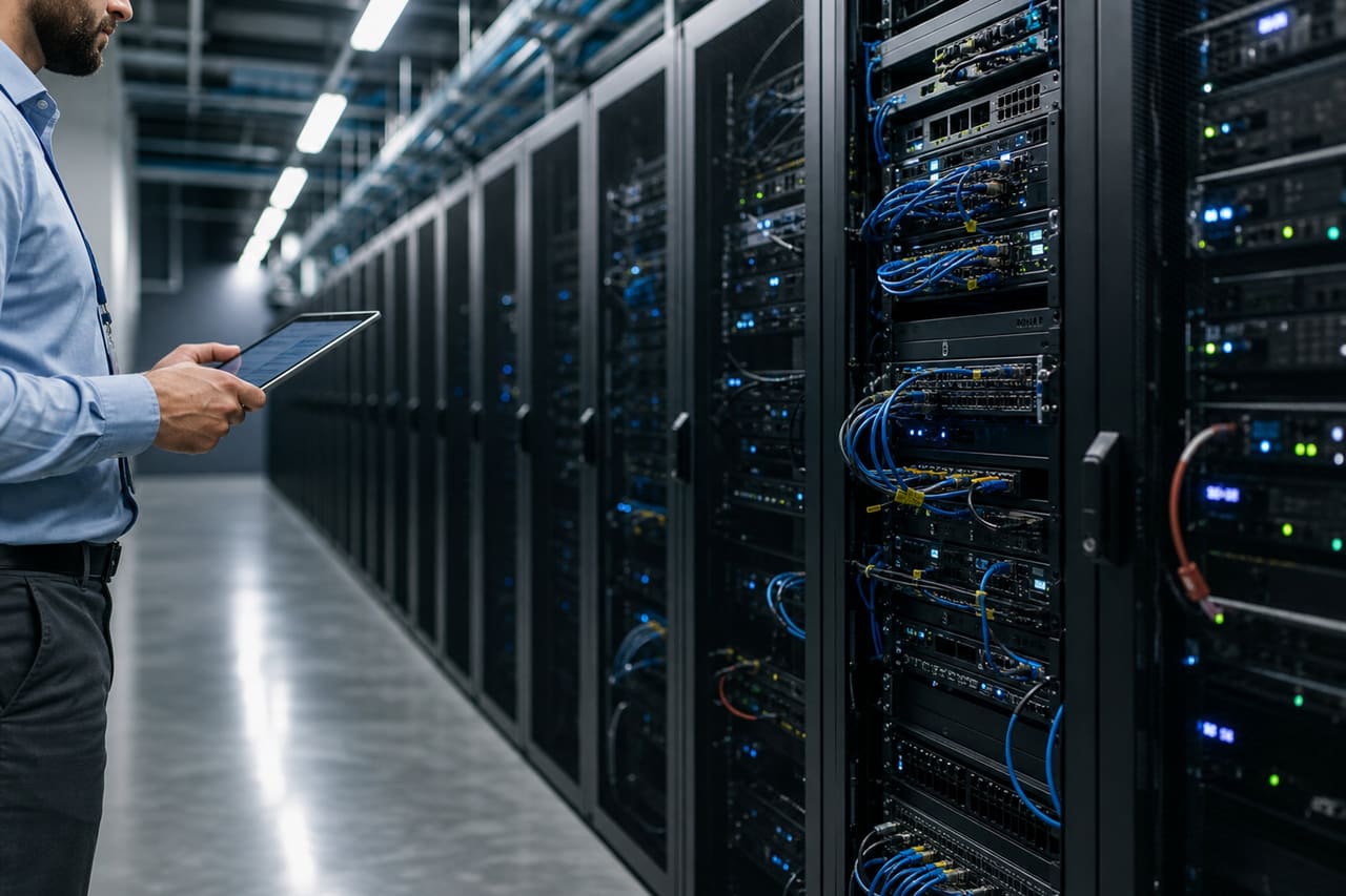 Network Engineer Inspecting Servers in a Modern Data Center