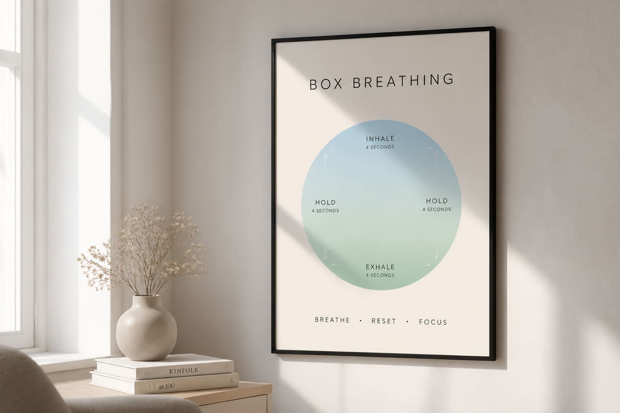 Minimalist Breathing Exercise Poster Hanging on a White Wall