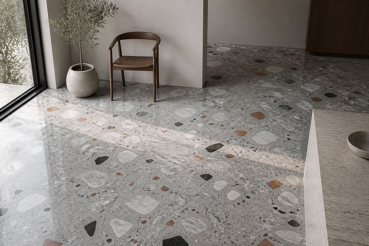 Polished It Terrazzo Flooring in a Minimalist Modern Interior