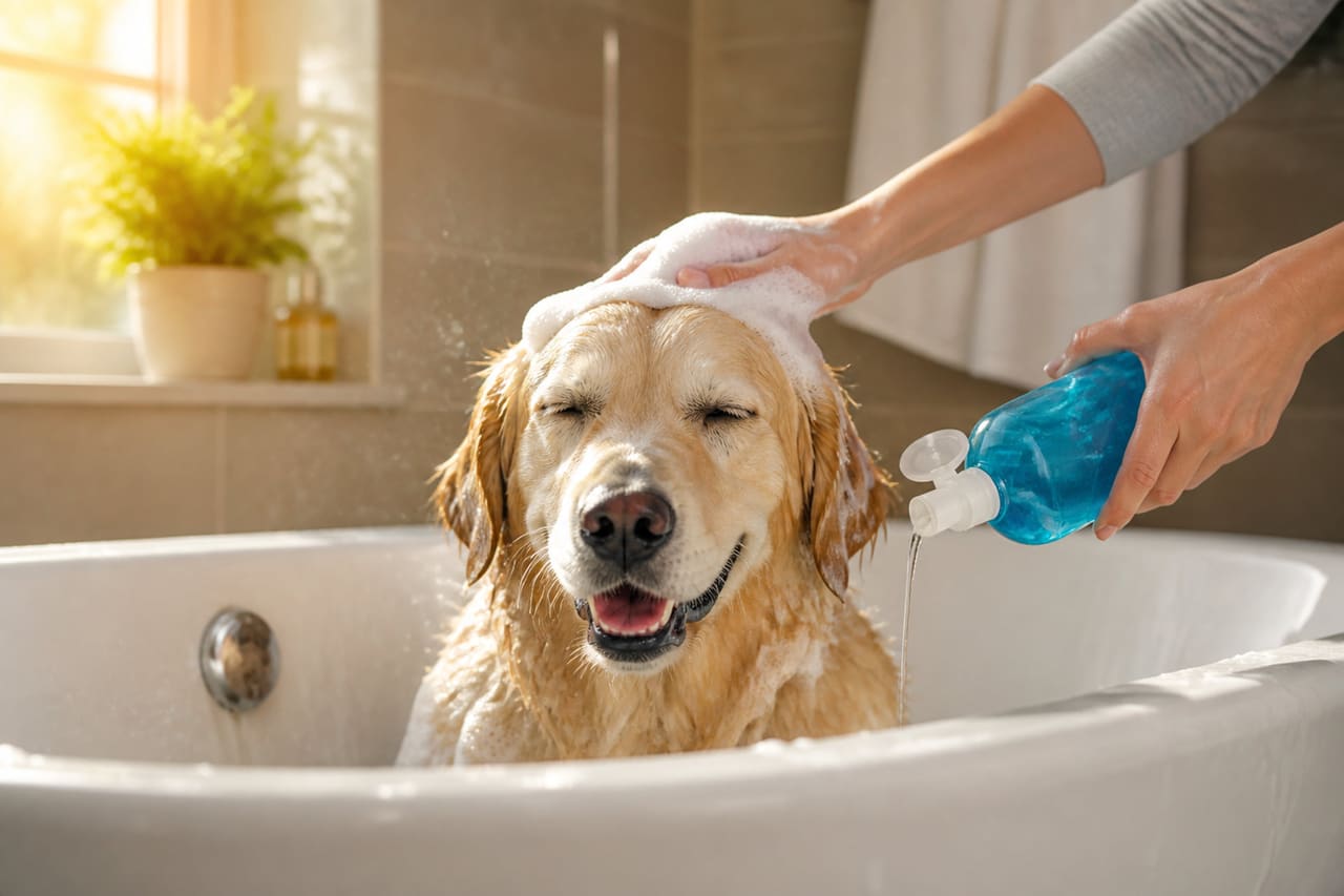 Golden Retriever Receiving a Soap Bath in a Tub
