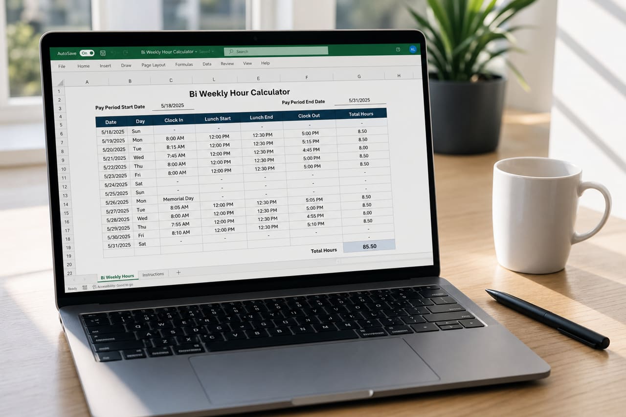 Bi Weekly Hour Calculator Displayed on Laptop in Modern Office