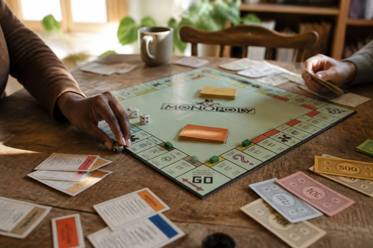 People Playing a Property Trading Board Game on a Wooden Table