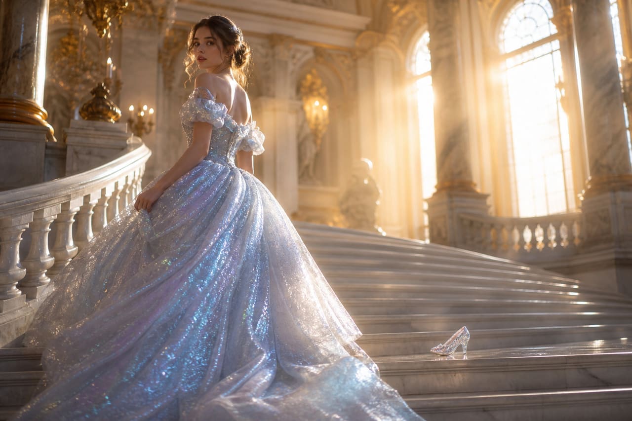 Woman in Iridescent Gown Leaving Glass Slipper on Marble Stairs