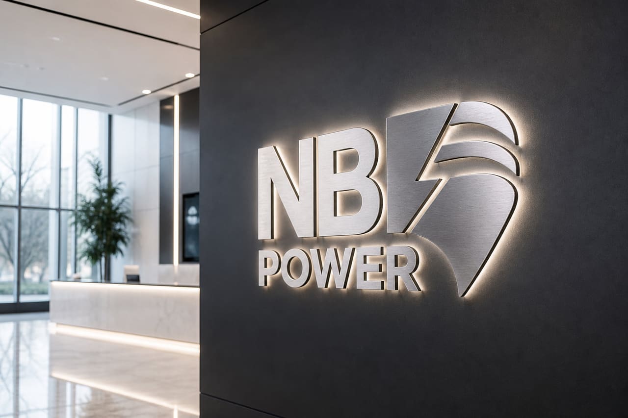 Nb Power Logo as 3D Signage in Modern Office Lobby