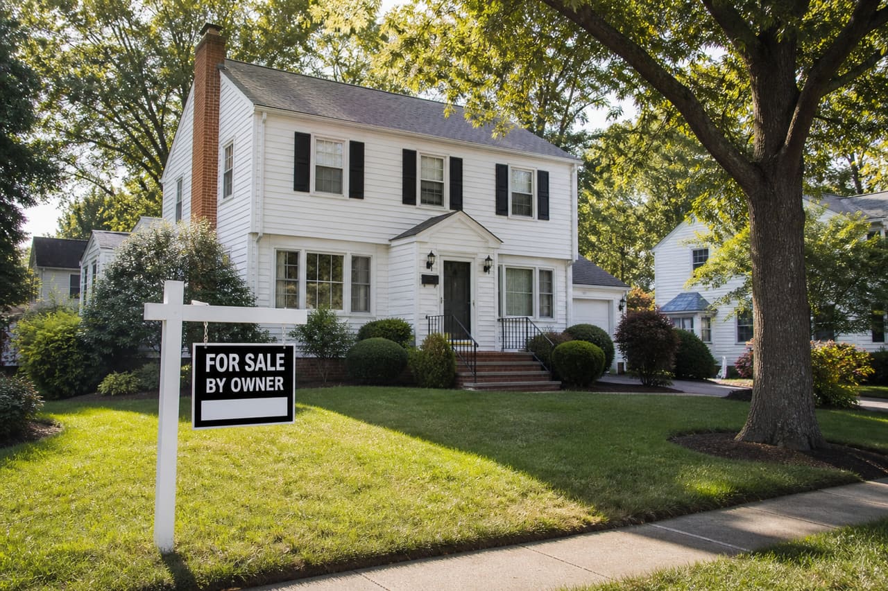 Suburban Colonial House with for Sale by Owner Sign