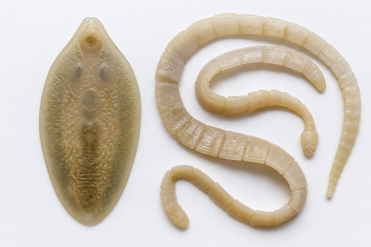 Trematoda and Cestoda Specimens on White Laboratory Background