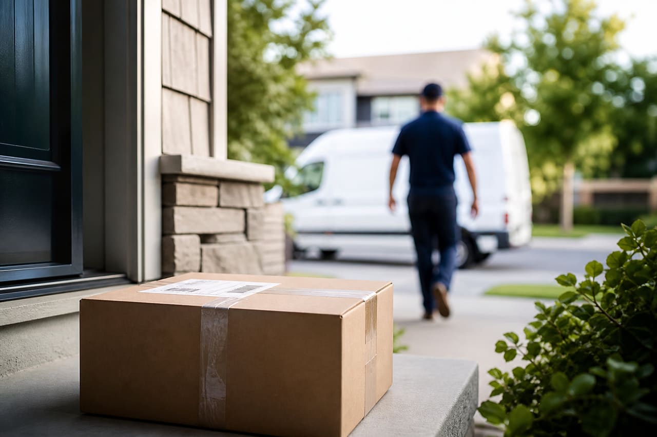 Delivered Shipping Package on a Suburban Home Doorstep