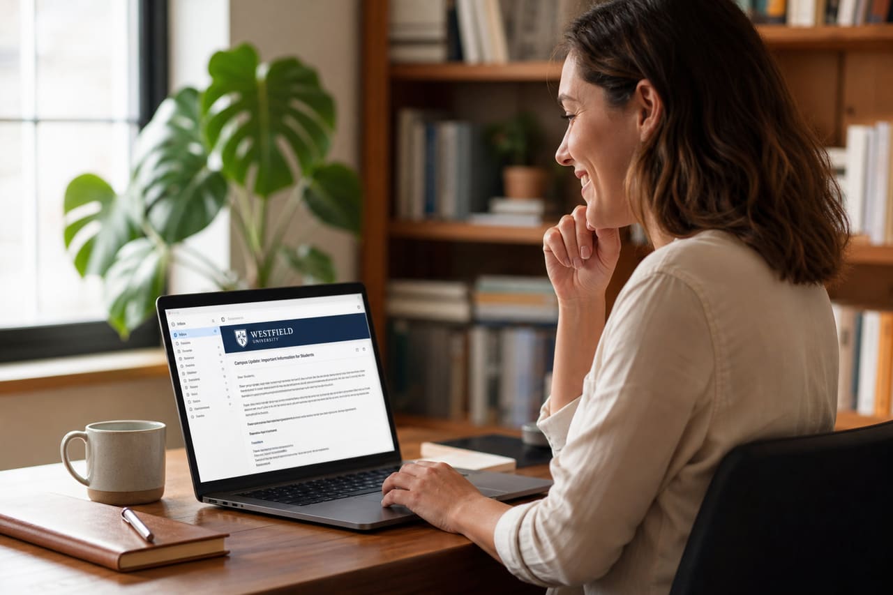 Graduate Accessing Temple Alumni Email on Laptop at Home