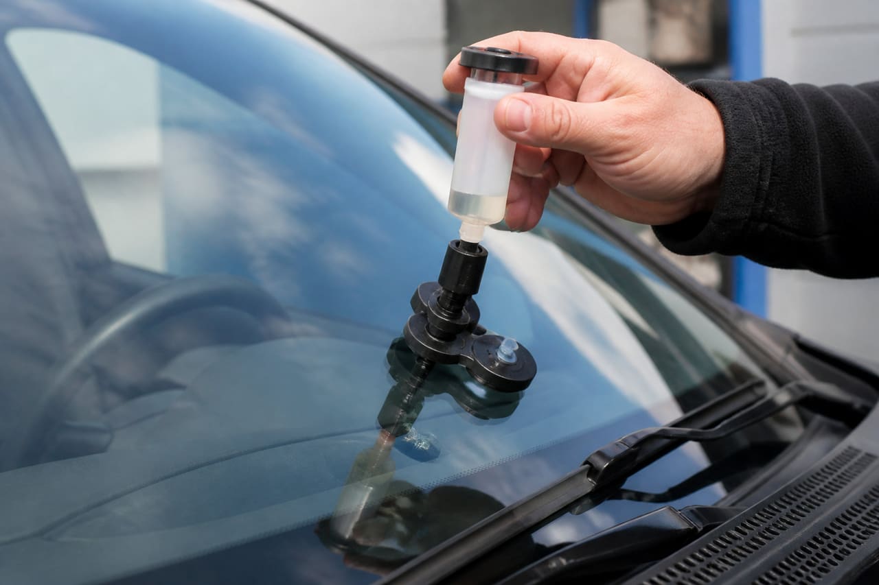 Technician Performing Professional Windshield Repair on Car Glass