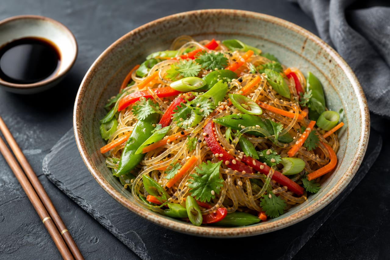Vegetable Vermicelli Stir Fry in a Ceramic Bowl