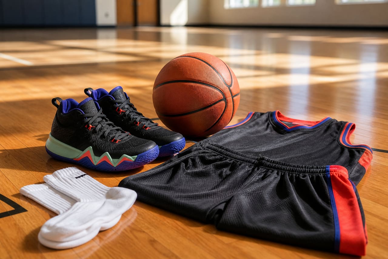 Youth Basketball Gear Arranged on Gymnasium Hardwood Floor