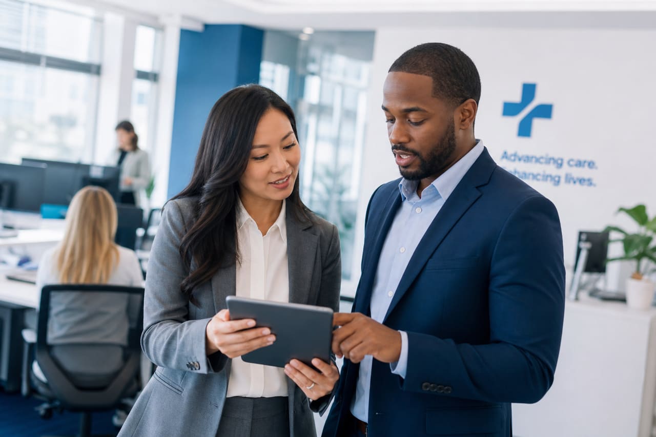 Diverse Professionals Collaborating in a Modern Healthcare Corporate Office