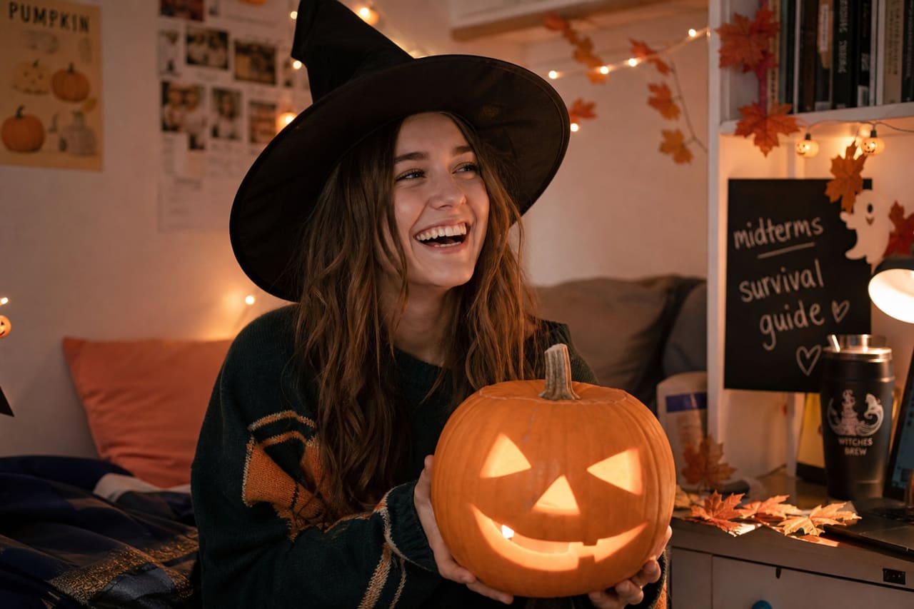 College Student in Witch Costume Celebrating Halloween in Dormitory