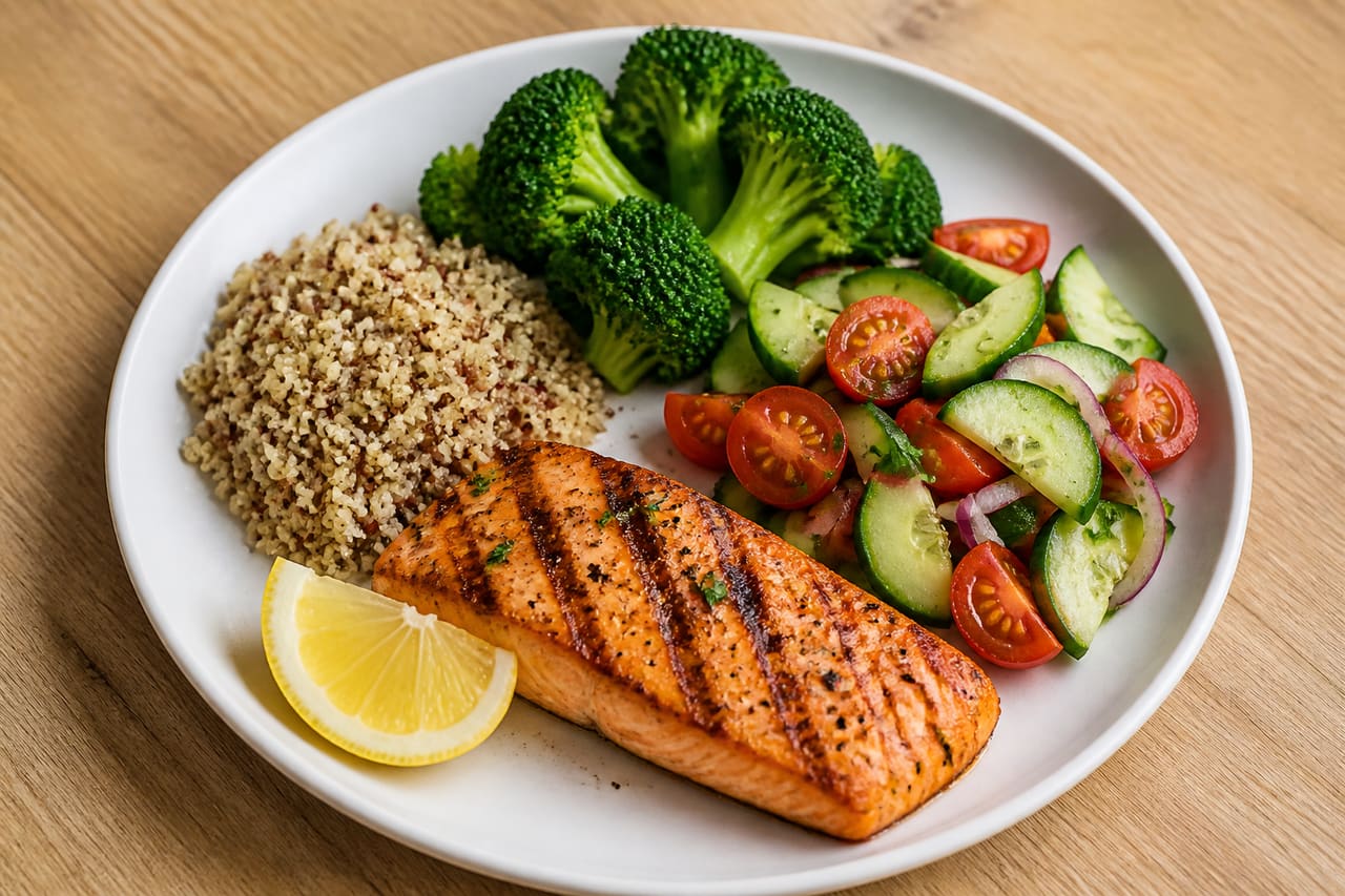 Healthy Diabetic Friendly Meal with Fresh Vegetables and Salmon