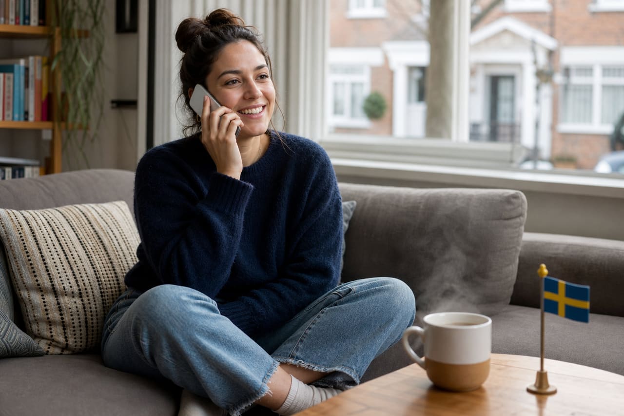 Woman Making an International Call to Sweden from a UK Home