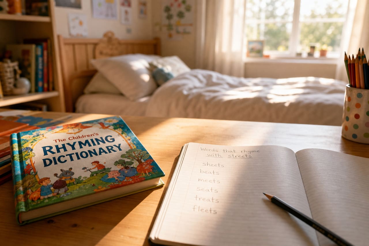 Child's Notebook with List of Words That Rhyme with Streets