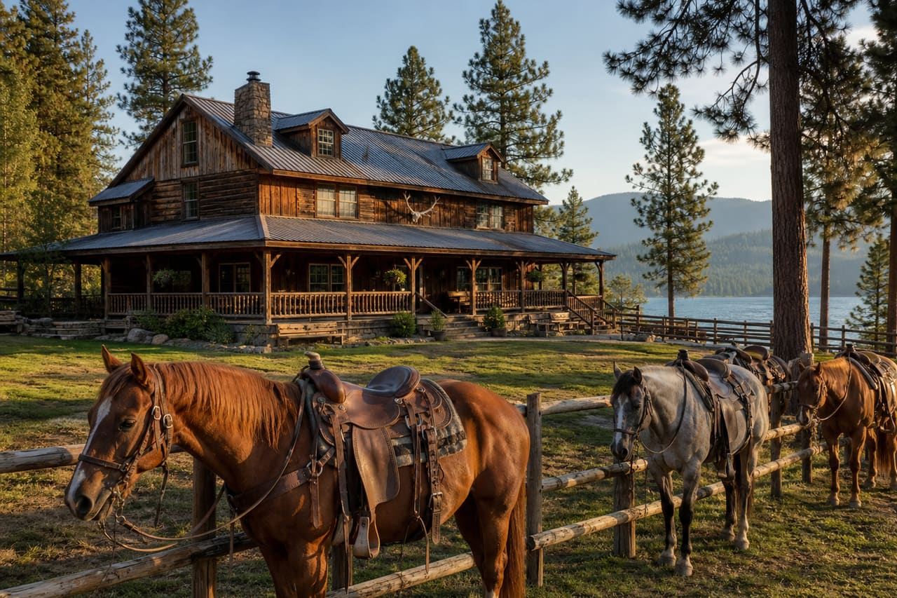 Rustic Lodge and Horses at a Dude Ranch in Coeur D'alene