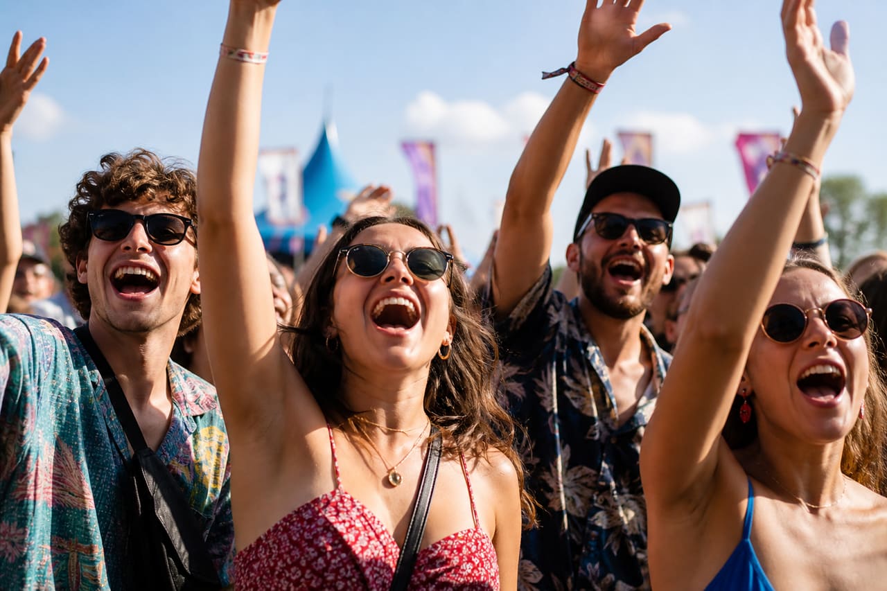 Diverse Group of People Cheering and Celebrating at an Outdoor Festival