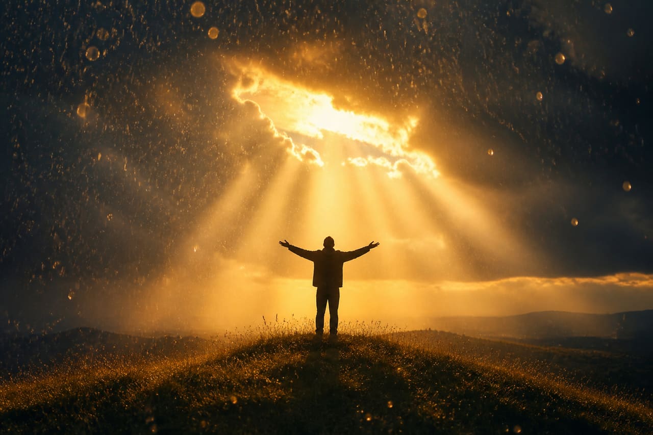 Divine Rays of Light Shining Through Rain Clouds Onto Figure