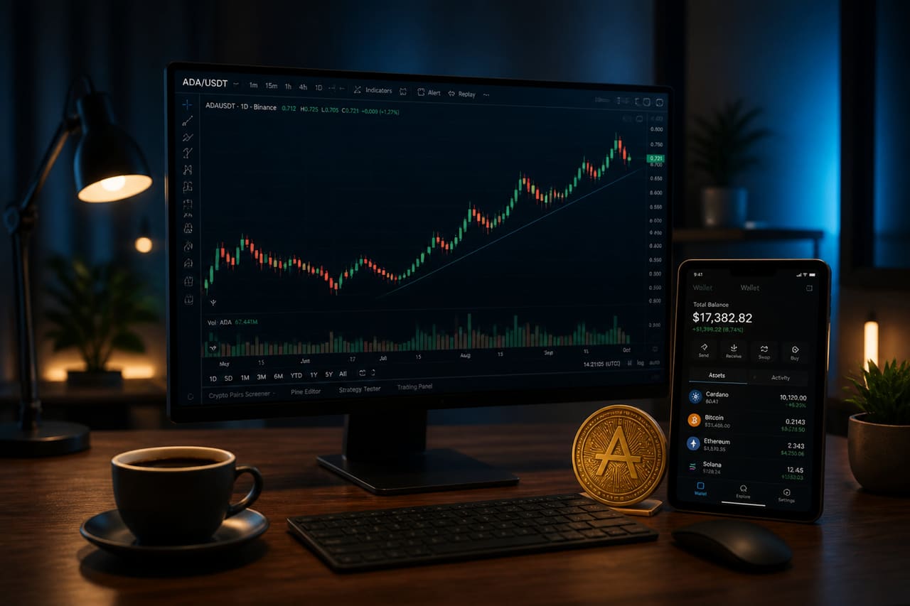 Financial Charts and Cryptocurrency Coins on a Modern Desk
