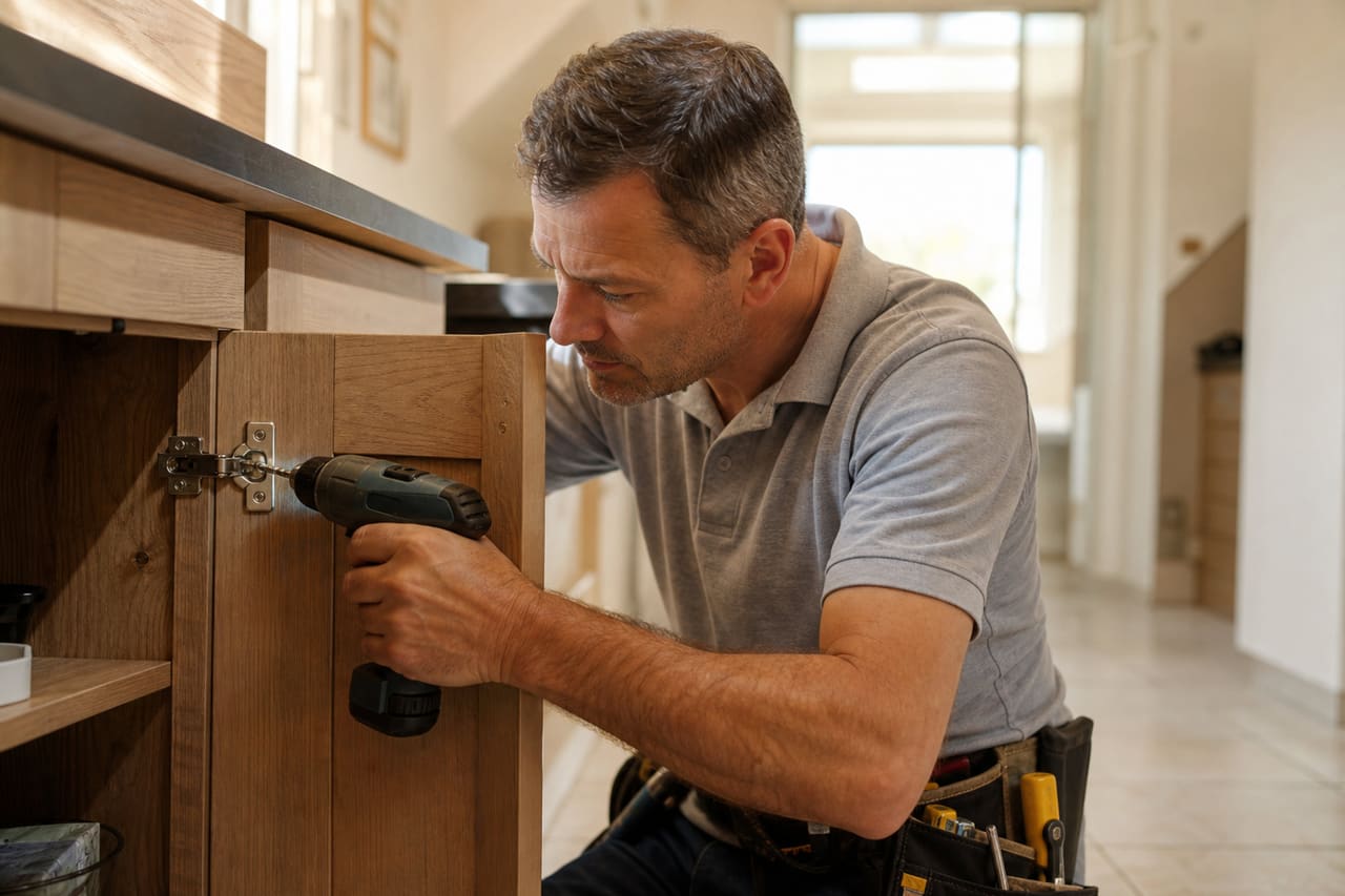 Professional Handyman Repairing Kitchen Cabinet in Modern Home