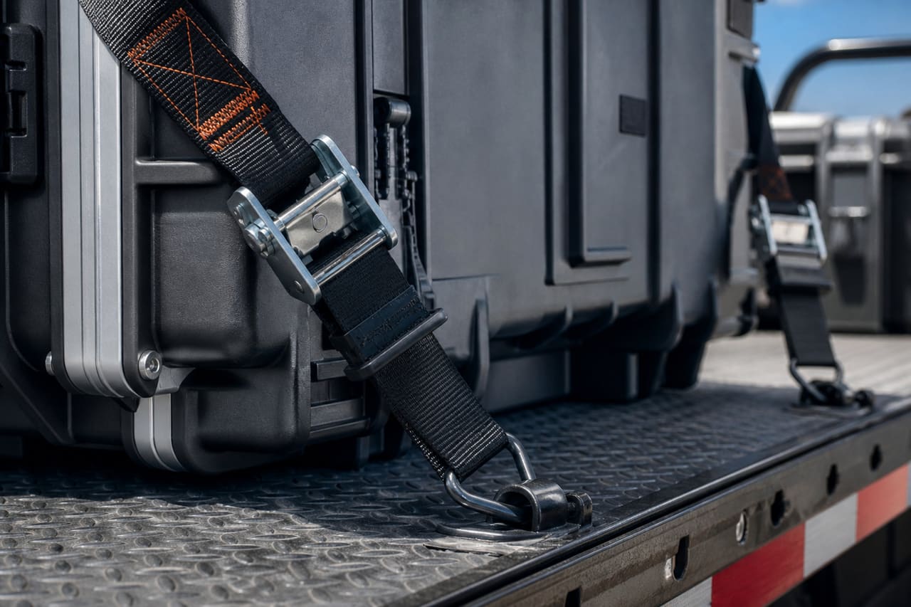 Dual Camjam Tie Down System Securing Cargo on a Trailer