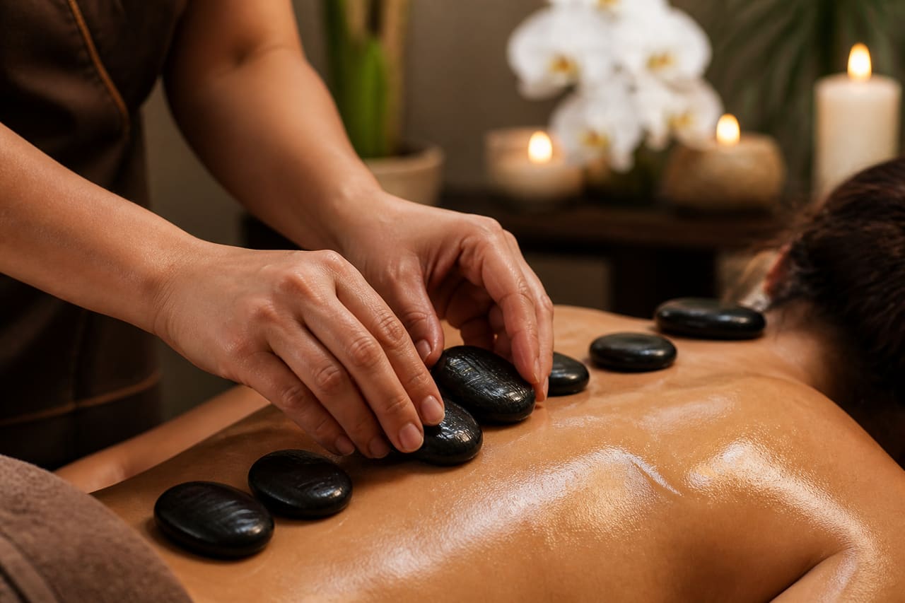 Therapist Performing Lava Shell Massage on Client's Back