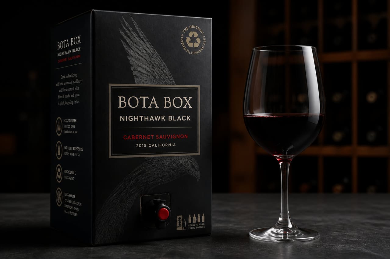 Bota Box Nighthawk Black Wine Box with Red Wine Glass
