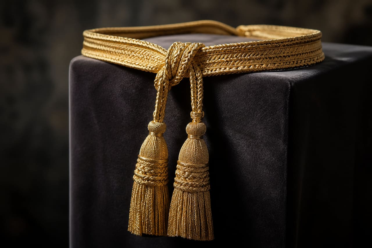 Ornate Gold Cincture Draped on Dark Velvet Pedestal