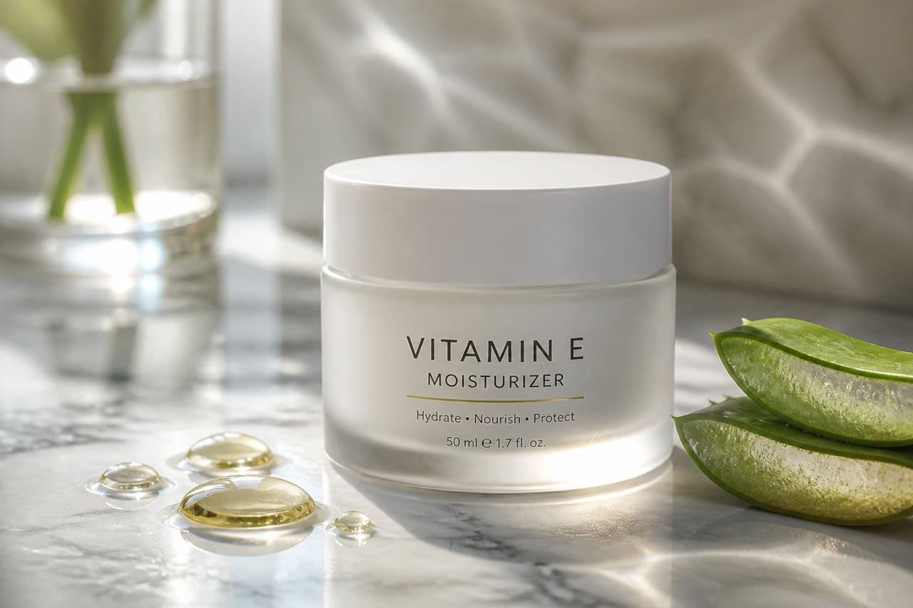 Vitamin E Moisturizer Jar on White Marble Surface
