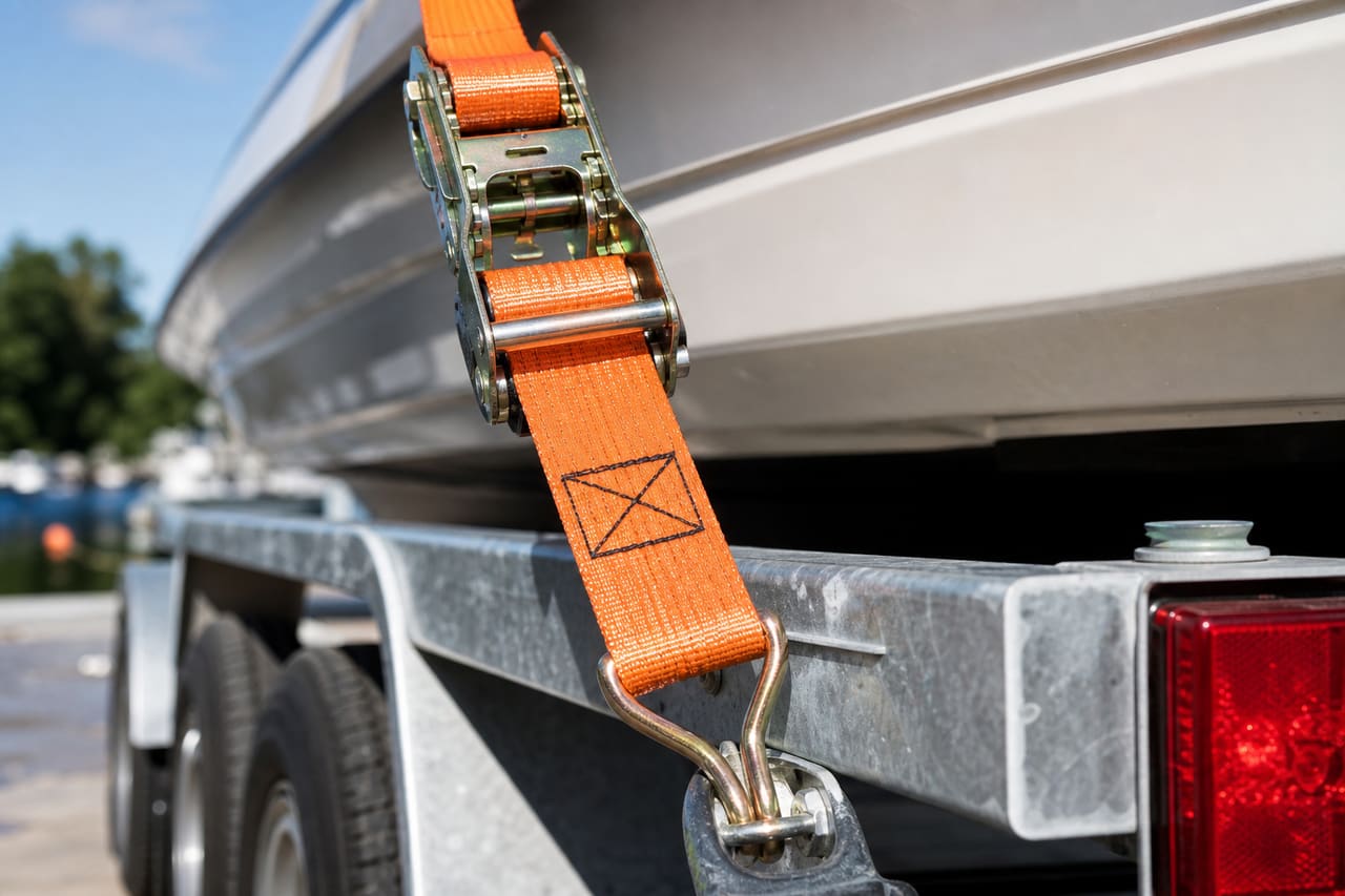 Heavy Duty Ratchet Tie Downs Securing a Boat to a Trailer