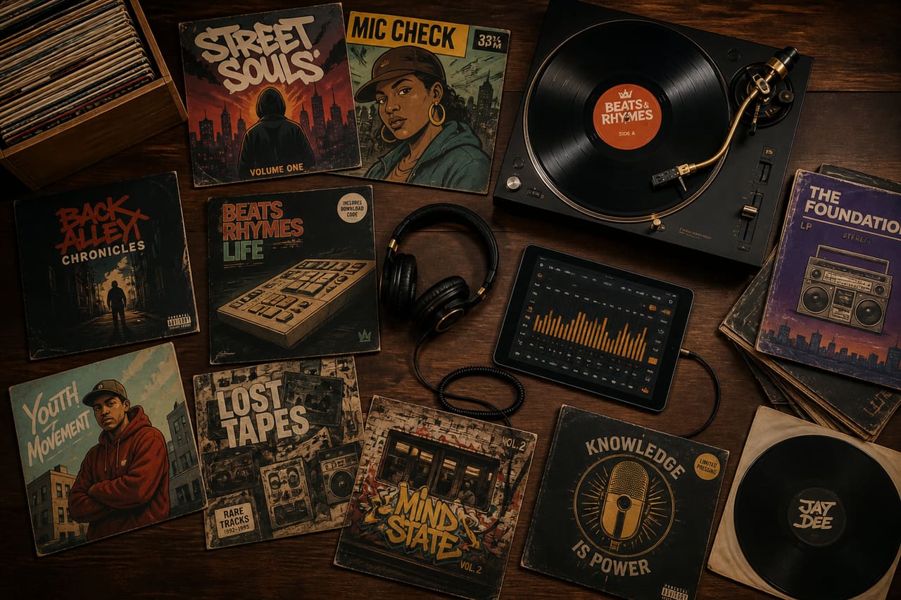 Hip-Hop Vinyl Record Discography Collection on a Studio Workbench