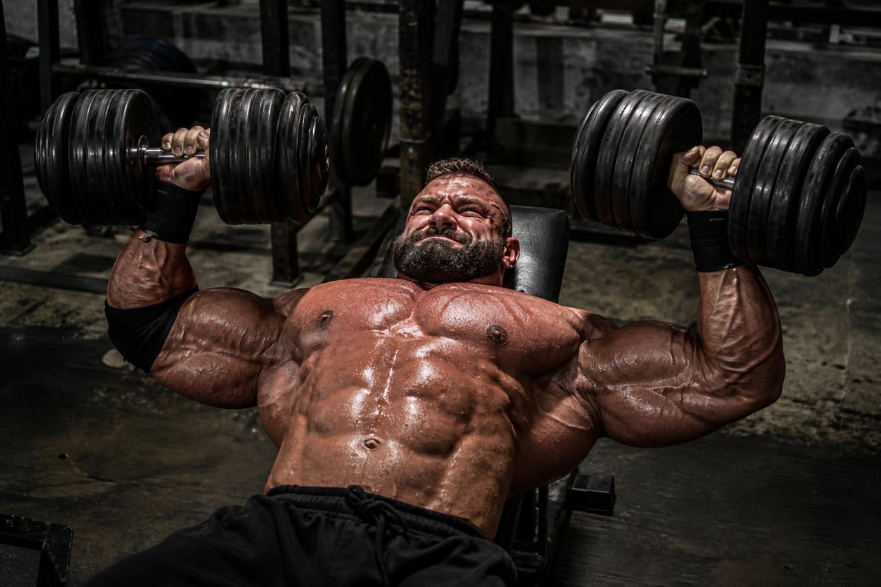 Muscular Bodybuilder Performing Dumbbell Chest Press in Industrial Gym