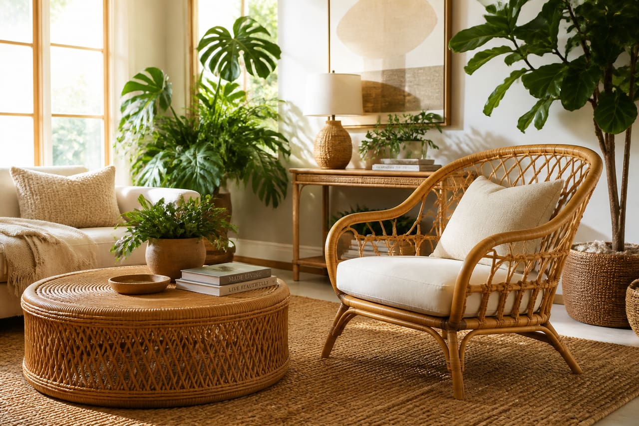 Handwoven Rattan Furniture in a Sunlit Bohemian Living Room