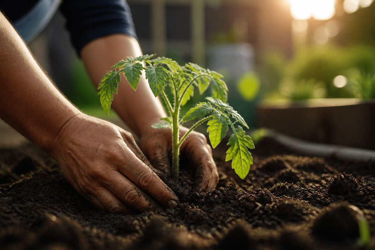 Gardener Planting Tomato Seedlings in a Backyard Garden
