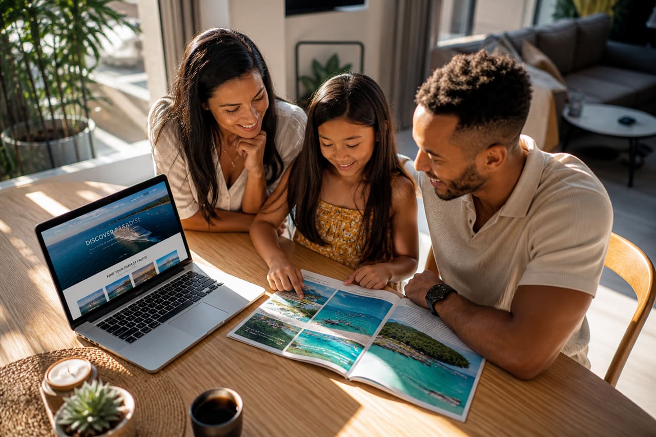 Family Planning Vacation with Cruise Ship Brochure and Laptop