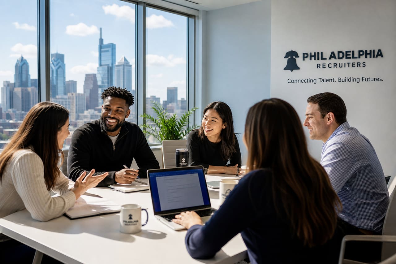 Professionals Collaborating in a Modern Philadelphia Recruitment Office