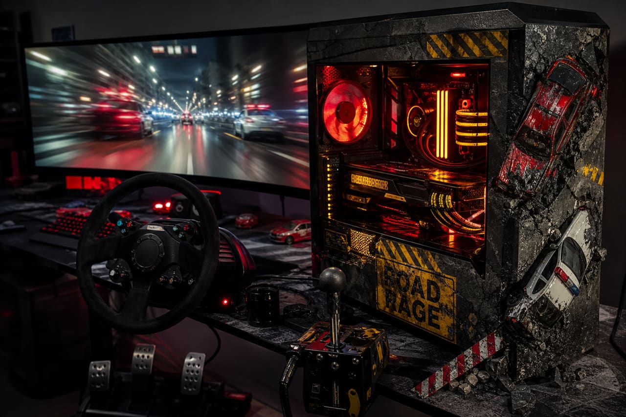 Custom Gaming Pc with Road Rage Theme and Racing Simulator