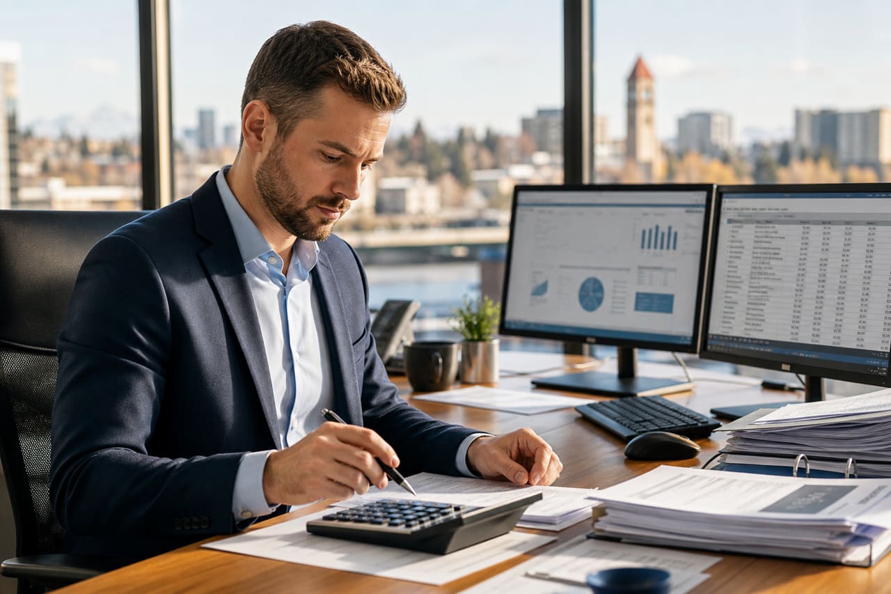 Accountant Working at a Desk with Financial Documents in Spokane