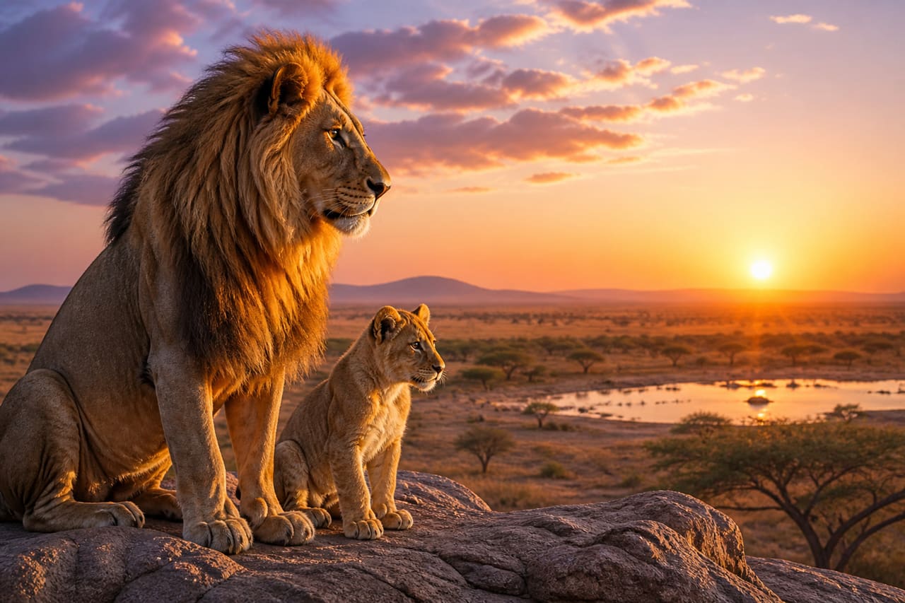 Adult Male Lion and Cub Overlooking African Savanna