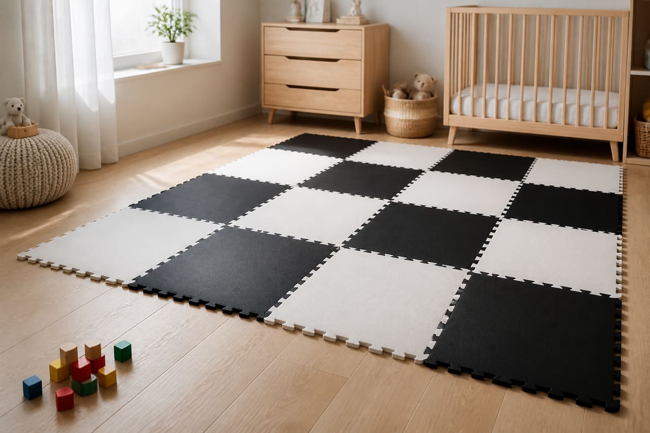 Black and White Checkerboard Foam Mats in a Modern Playroom