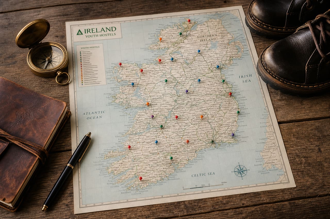 Detailed Map of Youth Hostels Across Ireland on a Wooden Table