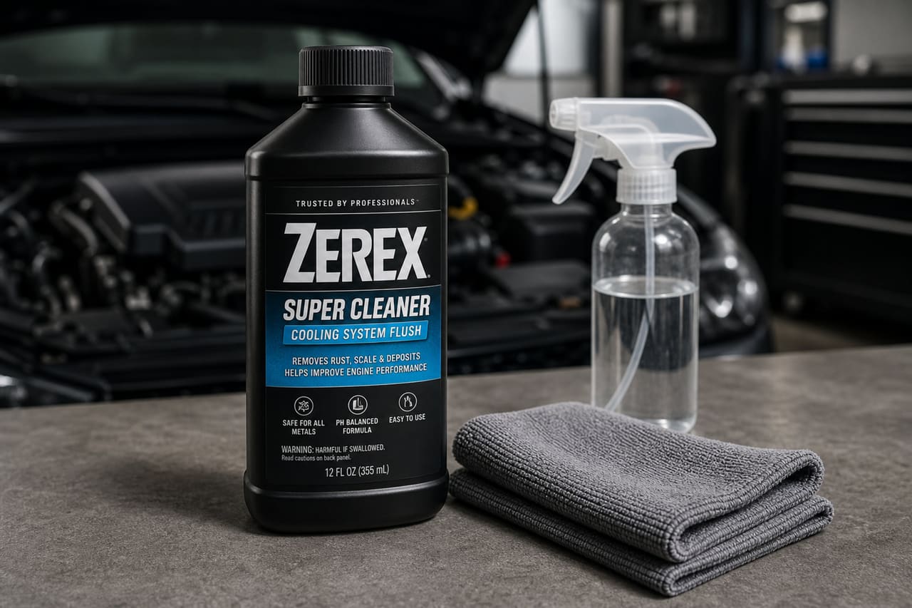Zerex Super Cleaner Bottle on Industrial Workshop Floor