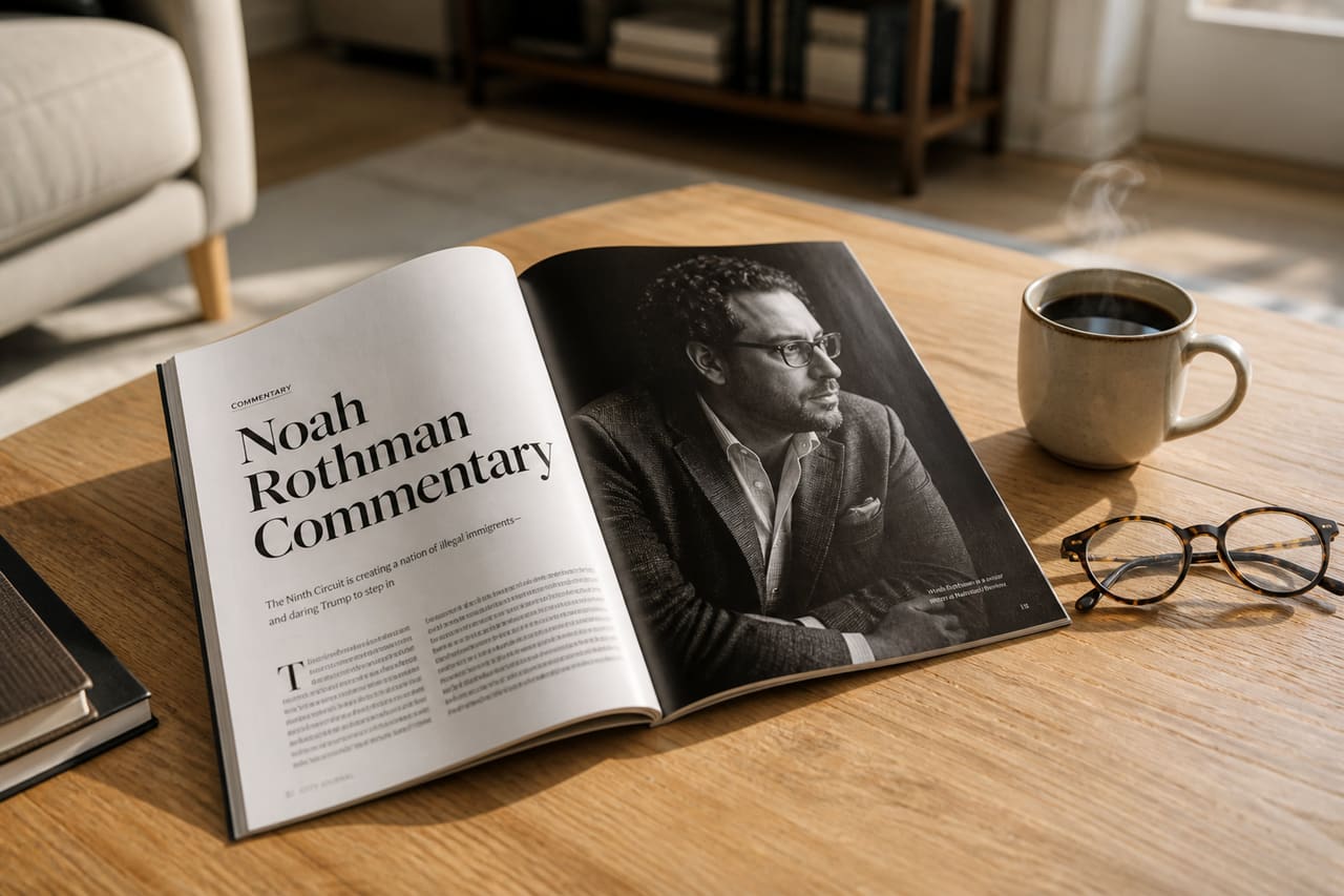 Open Noah Rothman Commentary Magazine on a Wooden Table