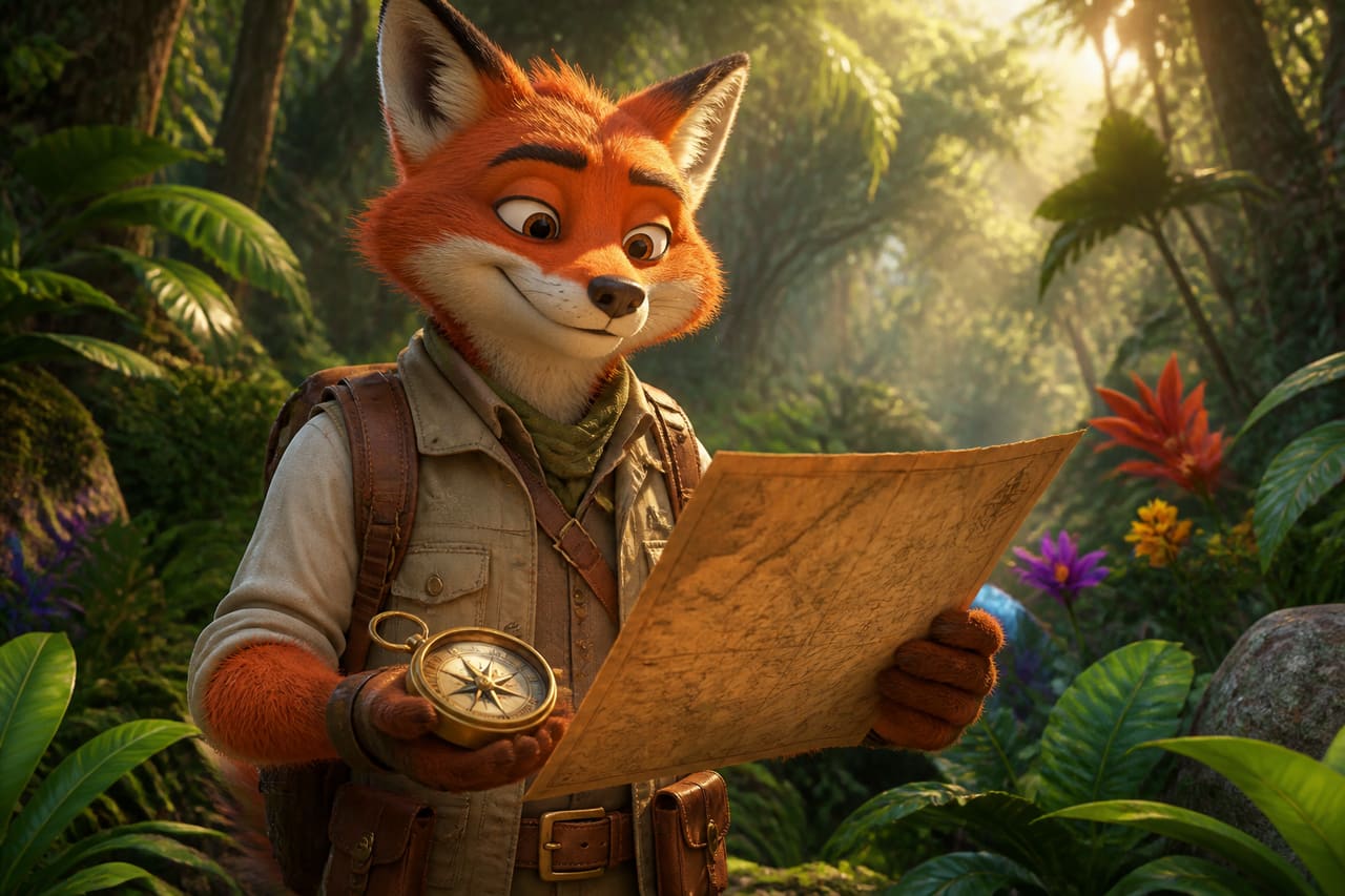 Anthropomorphic Fox Explorer with Map and Compass in Jungle