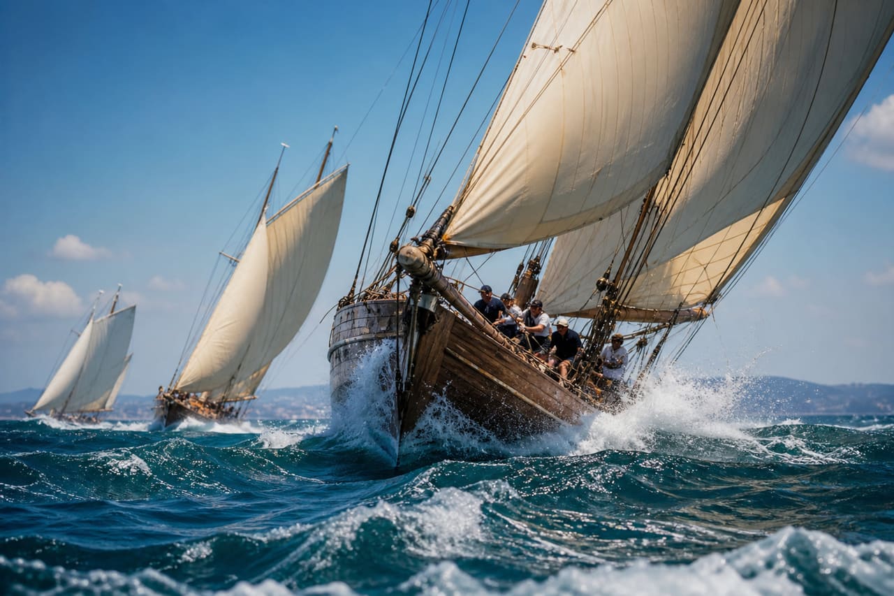 Classic Sailing Vessels Navigating as Windward Ships on Choppy Seas