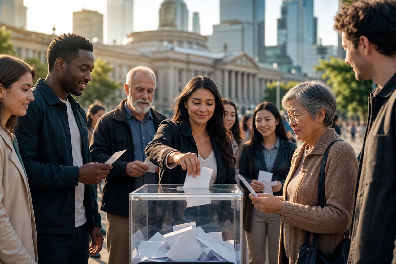 Diverse Citizens Casting Ballots in a Modern Public Square