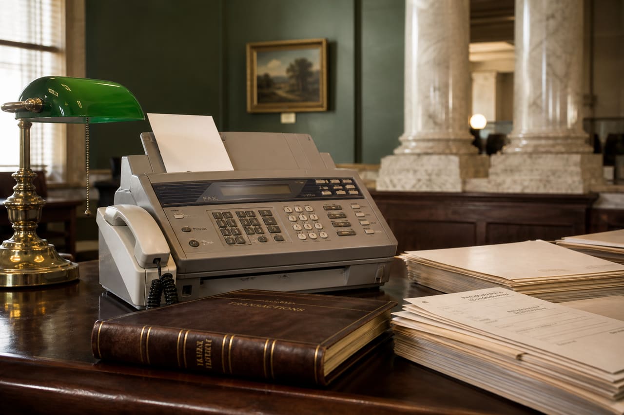 Vintage Fax Machine on a Wooden Desk in a Traditional Bank Office